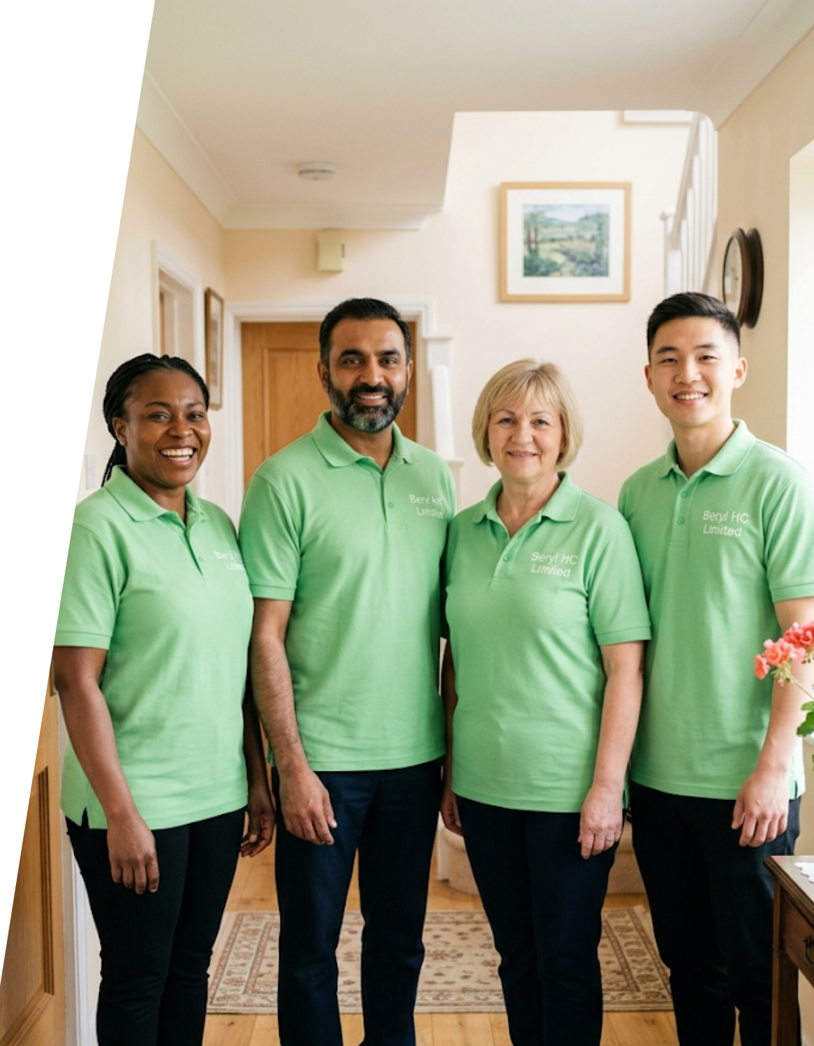 Four Beryl HC Limited care professionals in light green uniforms standing together in a bright and welcoming residential setting, representing the diverse and compassionate team at Beryl Healthcare